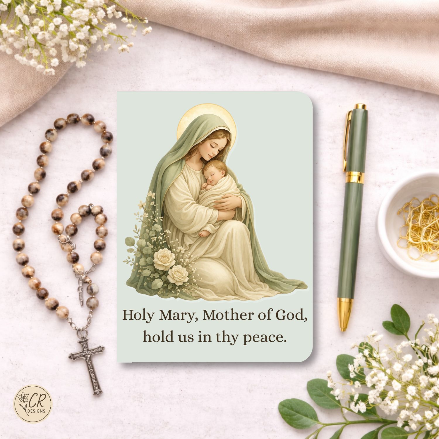 Catholic mini notebooks featuring Mother Mary holding baby Jesus and praying, soft sage green design, 3 pack faith notebooks 