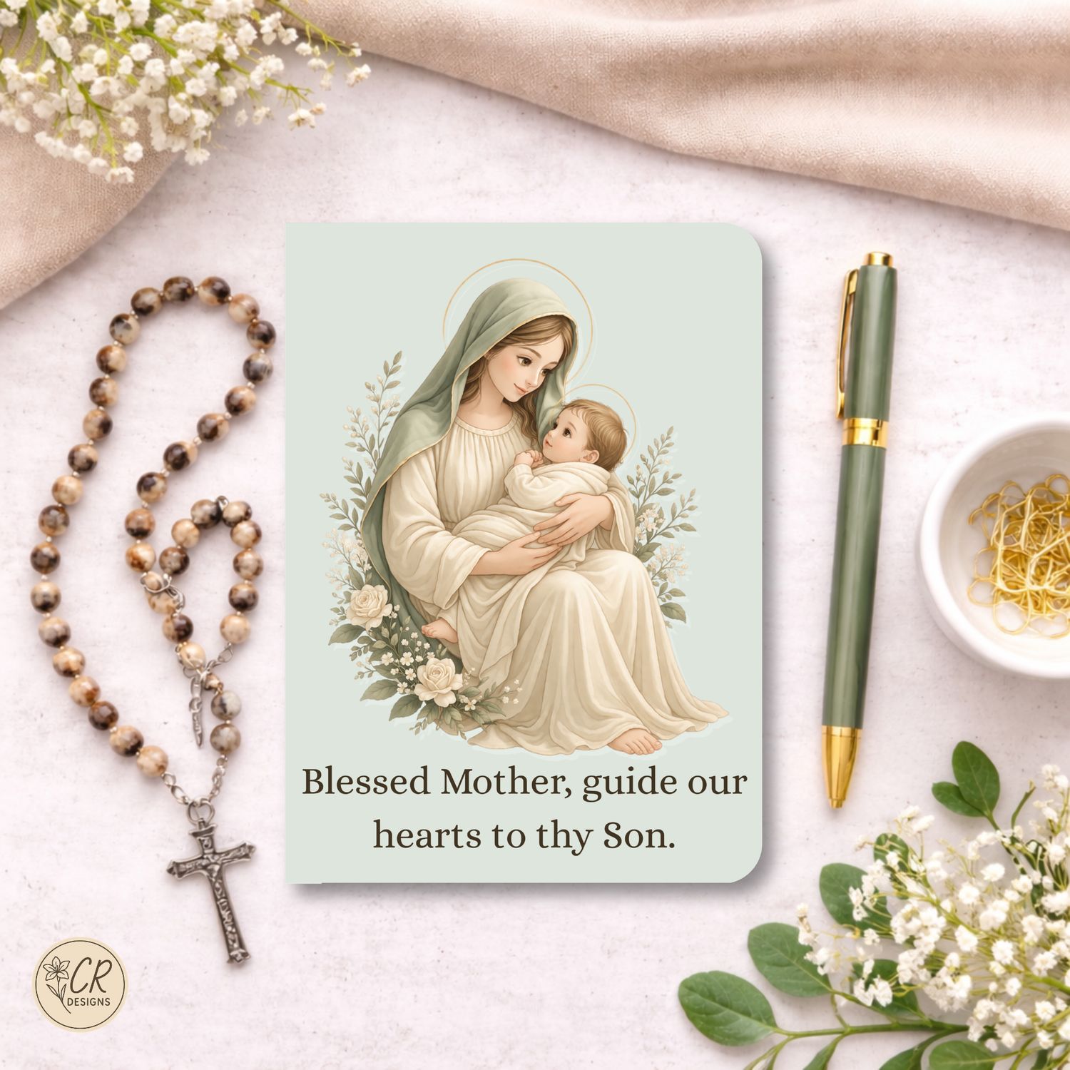 Catholic mini notebooks featuring Mother Mary holding baby Jesus and praying, soft sage green design, 3 pack faith notebooks 