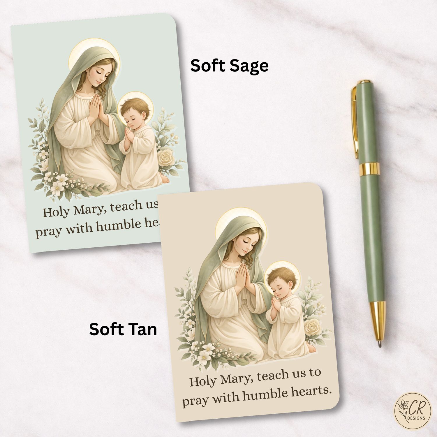 Catholic mini notebooks featuring Mother Mary holding baby Jesus and praying, soft sage green design, 3 pack faith notebooks 