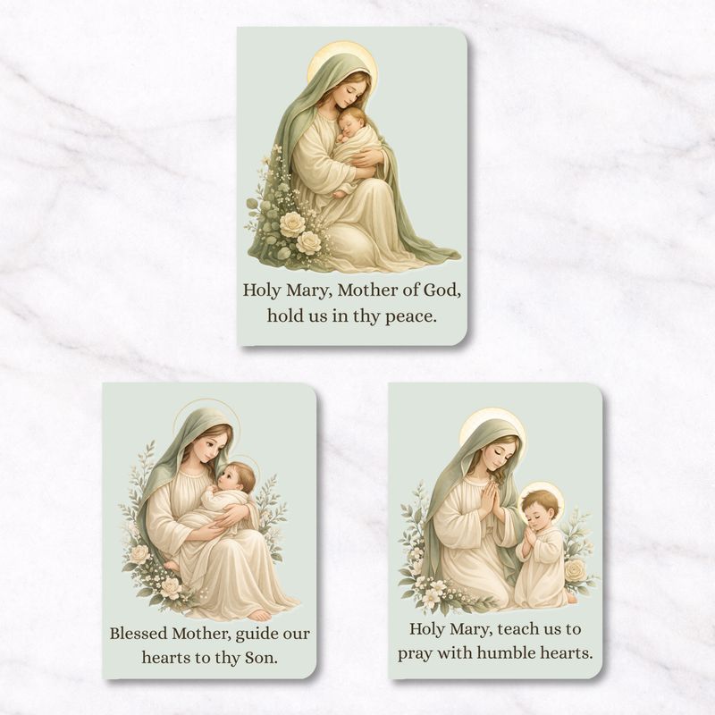 Catholic mini notebooks featuring Mother Mary holding baby Jesus and praying, soft sage green design, 3 pack faith notebooks 