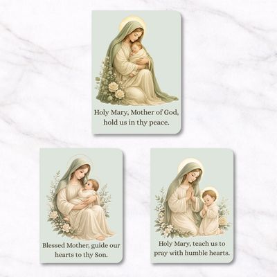 Catholic mini notebooks featuring Mother Mary holding baby Jesus and praying, soft sage green design, 3 pack faith notebooks 