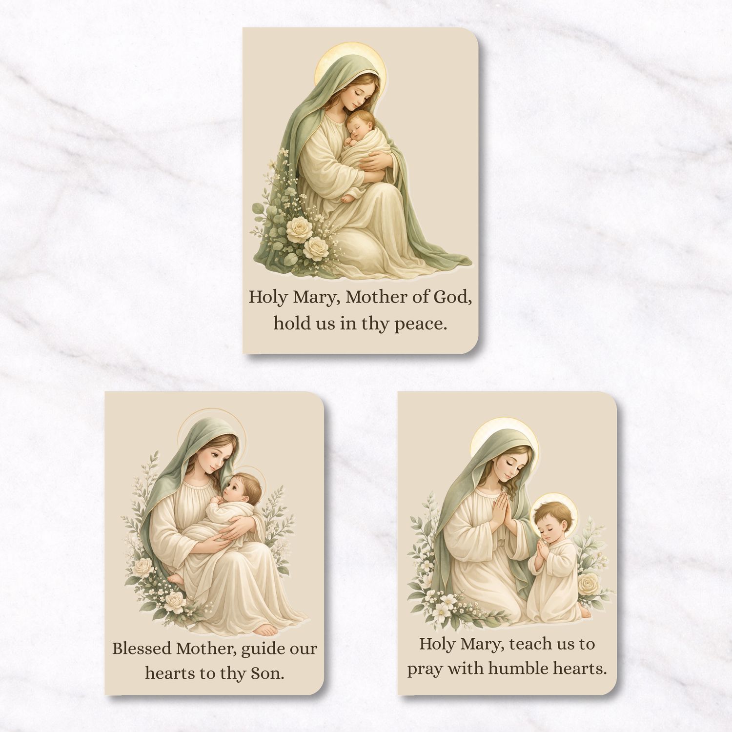 Catholic mini notebooks featuring Mother Mary holding baby Jesus and praying, soft tan design, 3 pack faith notebooks 