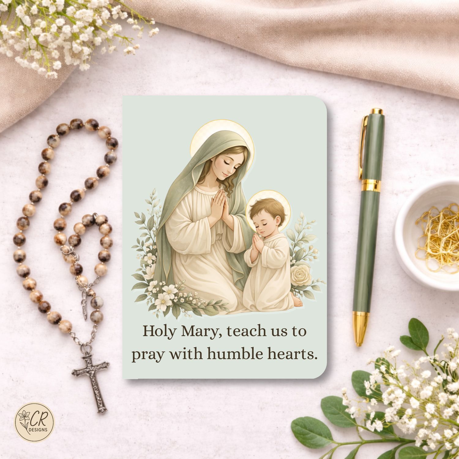 Catholic mini notebooks featuring Mother Mary holding baby Jesus and praying, soft sage green design, 3 pack faith notebooks 
