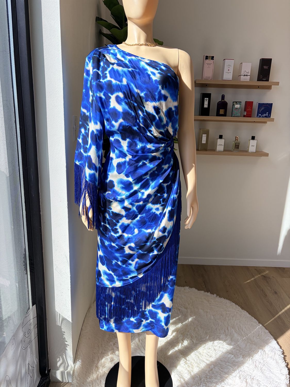 one shoulder LS maxi dress marble design