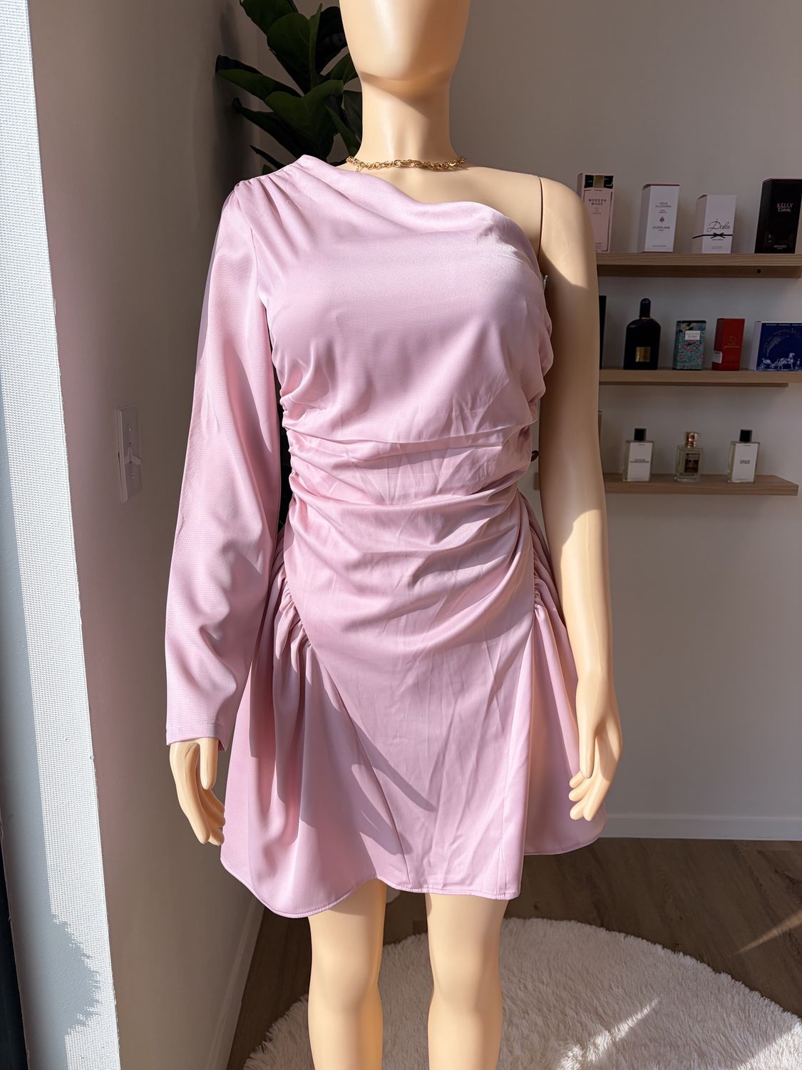 Pink Satin One Shoulder Dress