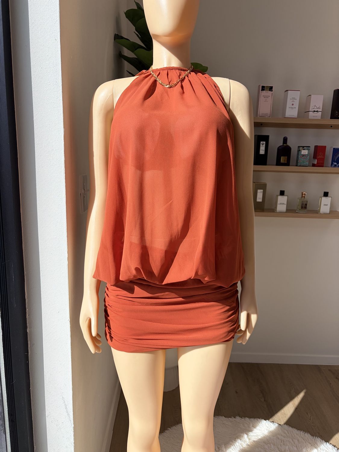 Burnt Orange Ruched Maxi Dress