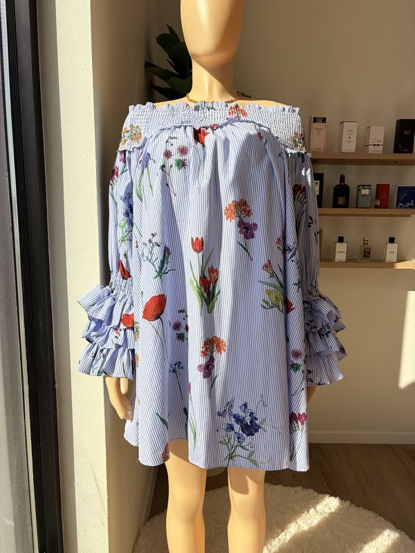 white and blue striped flower design  mini dress