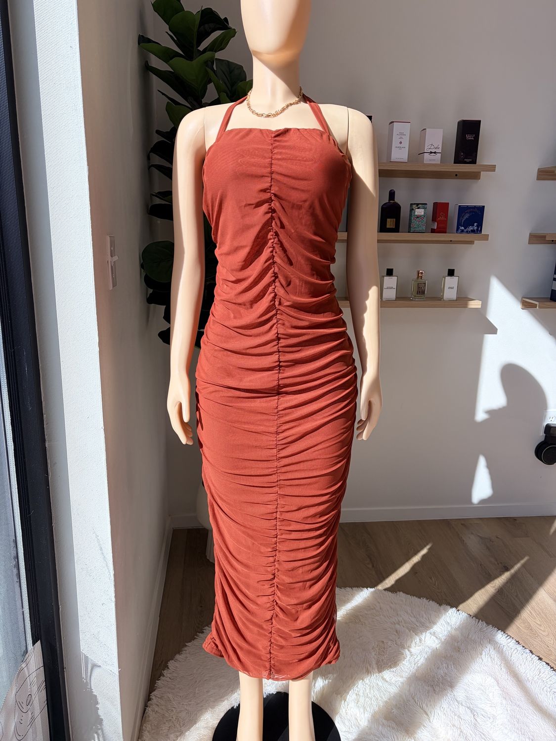 Rust Orange Mesh Maxi Dress