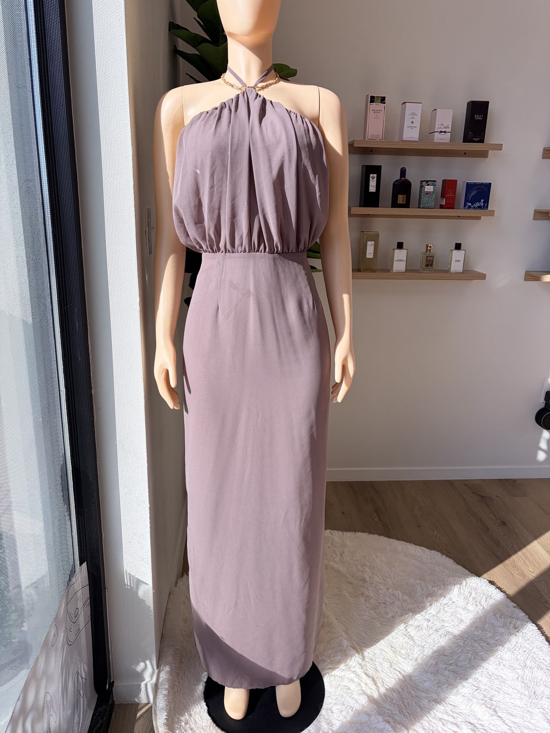 Taupe Grey Halter Neck Maxi Dress