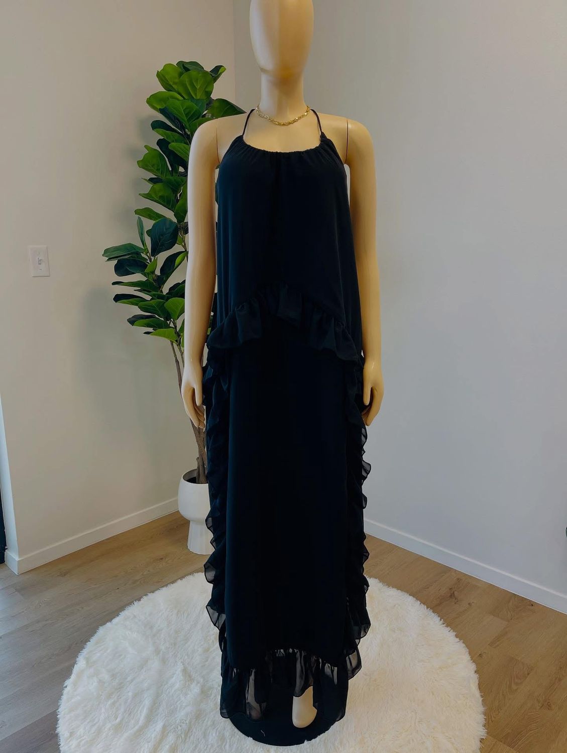 Black Chiffon Frill Maxi Dress/ 0/ 4/ 6