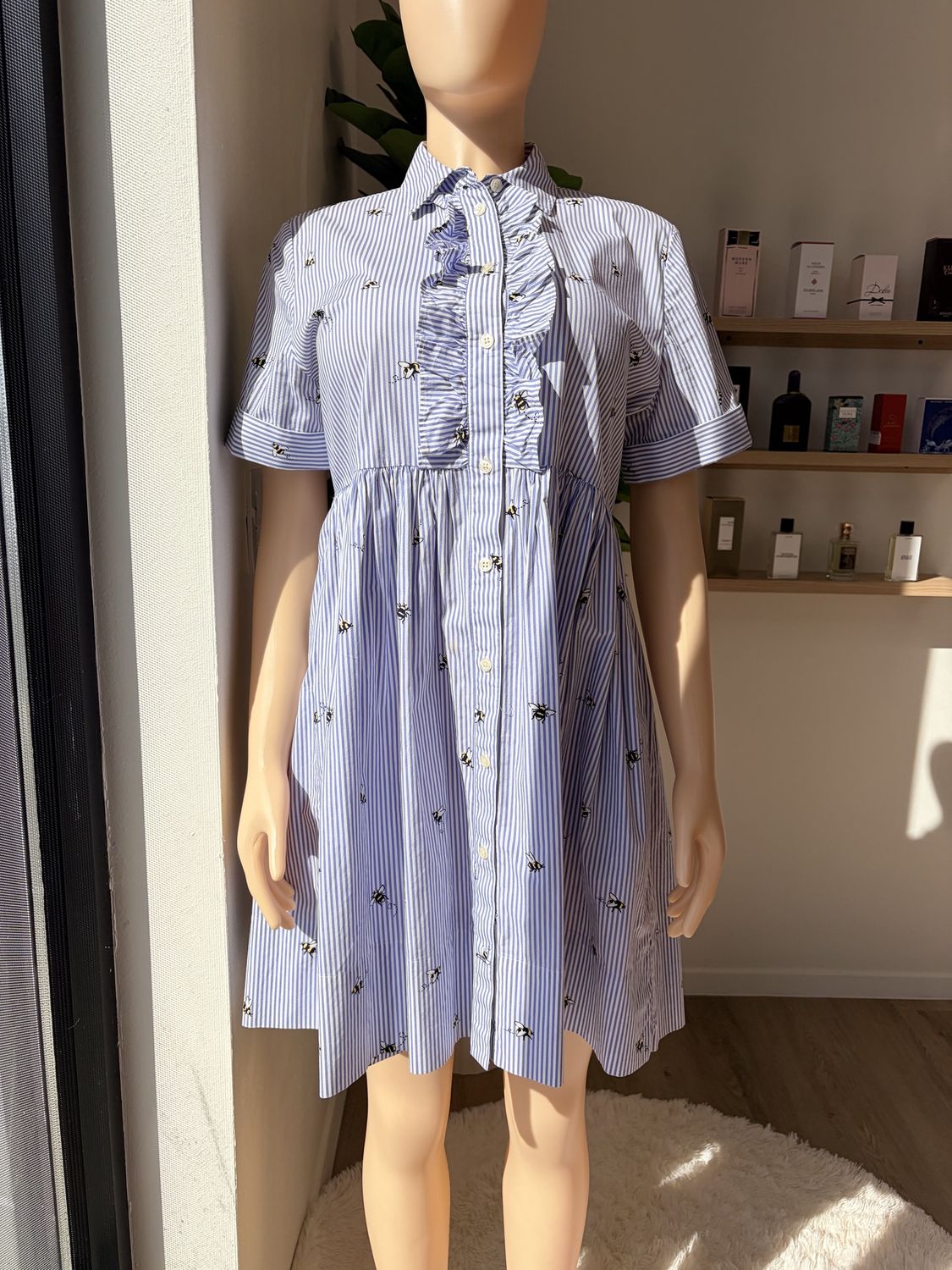 white and blue striped bee's midi dress