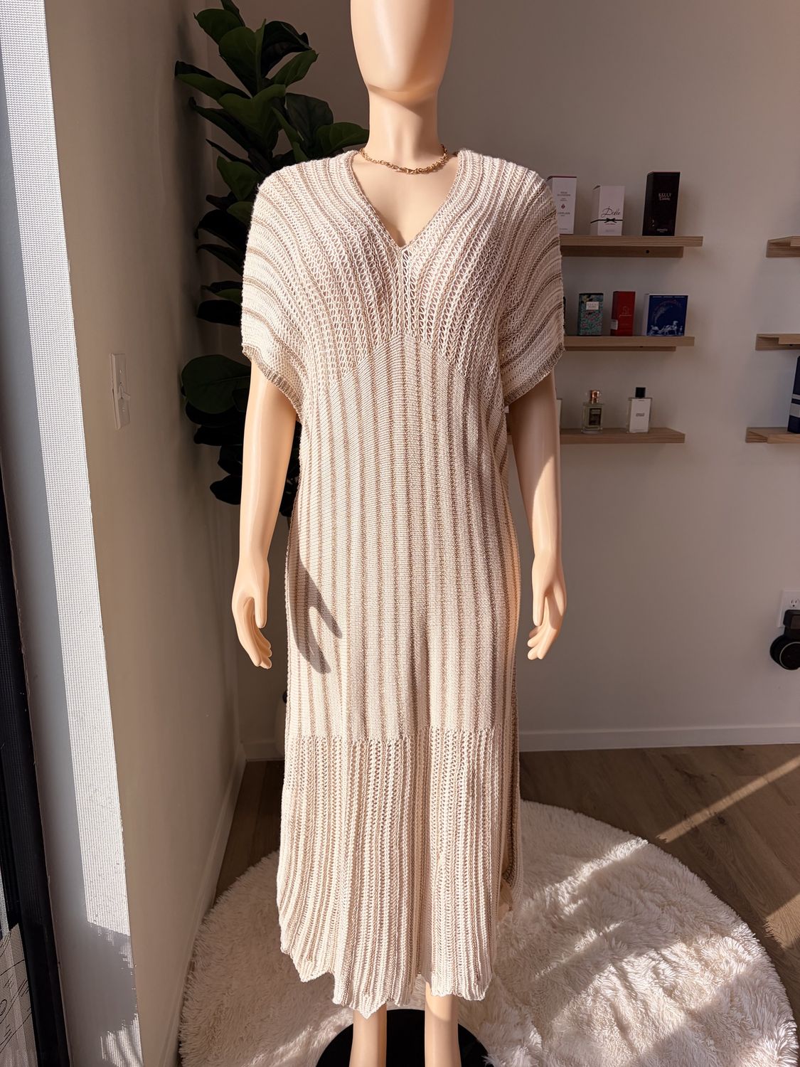 short sleeve white &amp; gold stripe midi dress