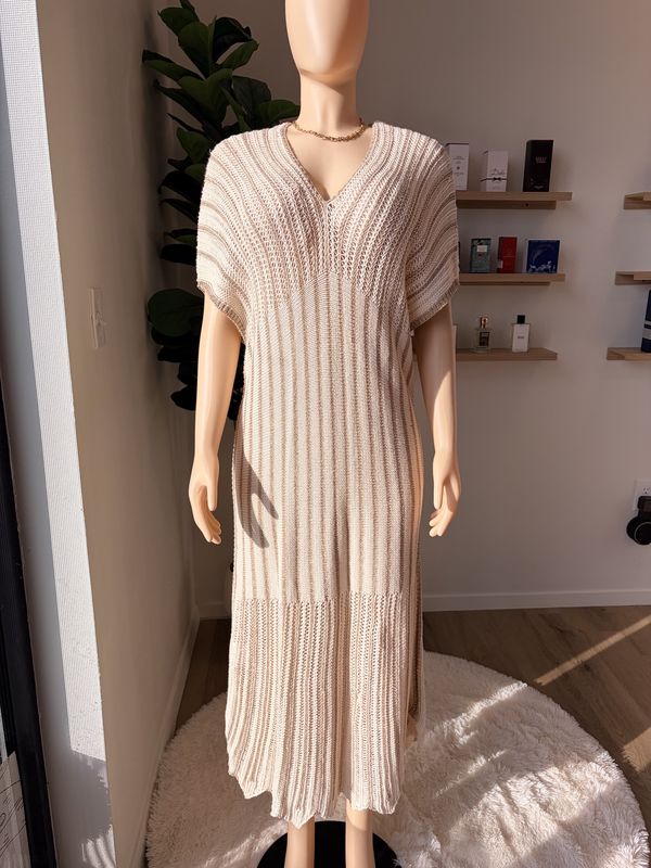 short sleeve white &amp; gold stripe midi dress