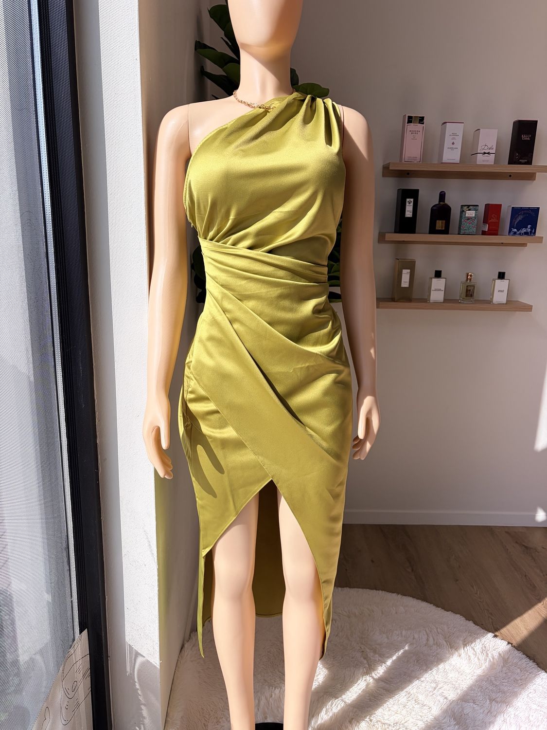 Olive Satin One Shoulder Midi Dress