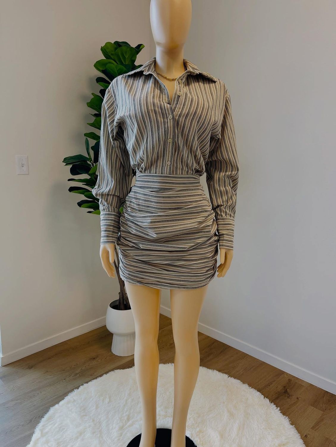 Beige Striped Button Shirt Dress/ 4