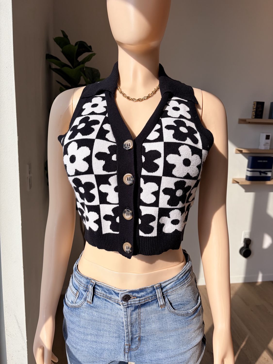 Flower Checker Print Vest