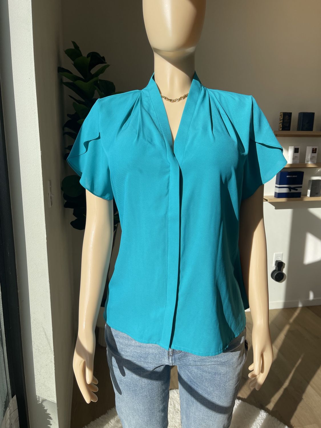 Short Sleeve Chiffon Teal Blouse