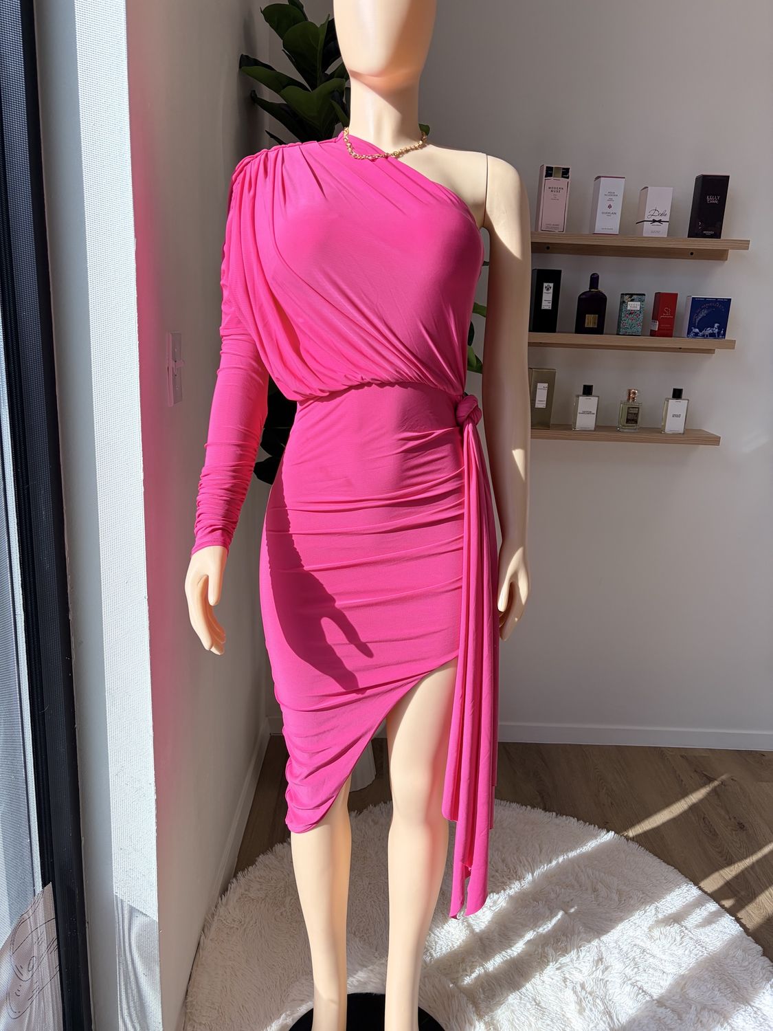 Club London Ruched Asymmetric HP Bodycon Midi Dress