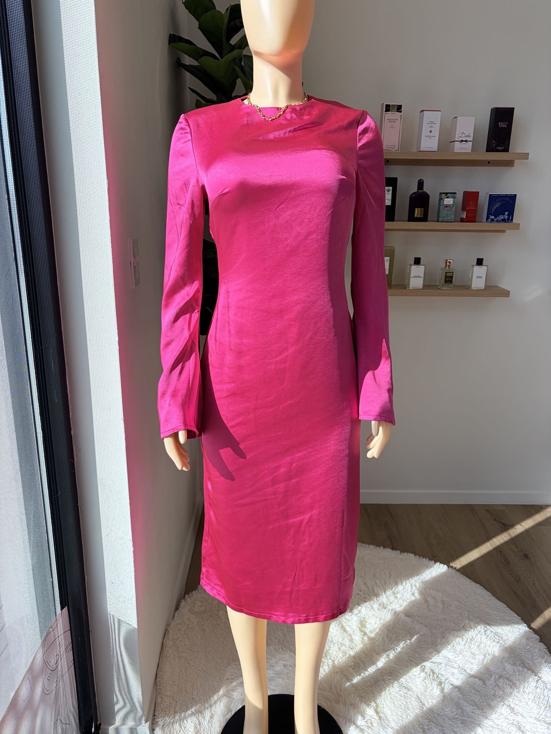 Hot pink satin long sleeve dress