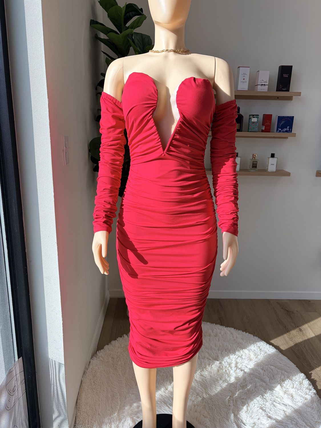 Red open V cut midi dress