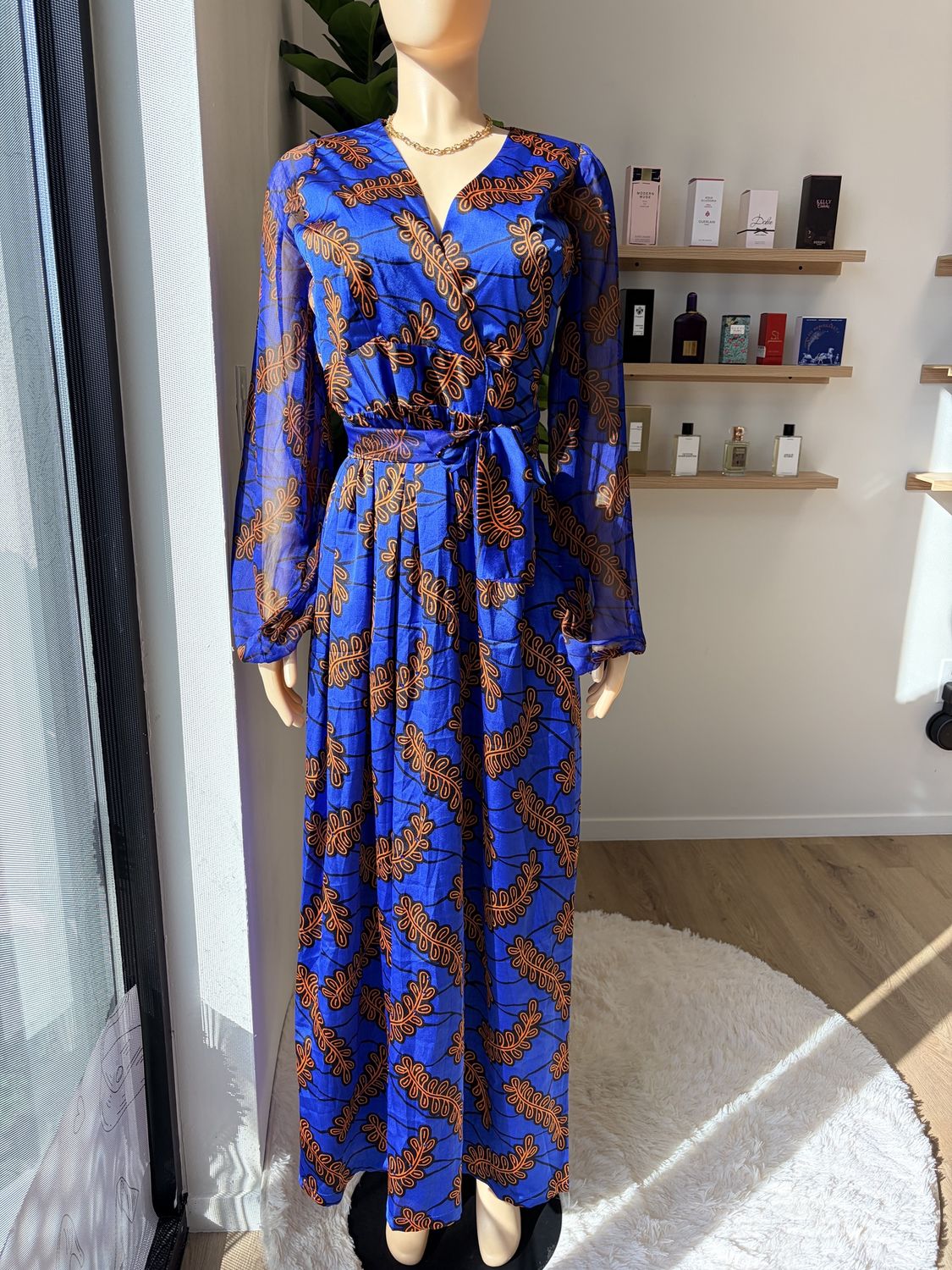 African print satin LS Maxi dress
