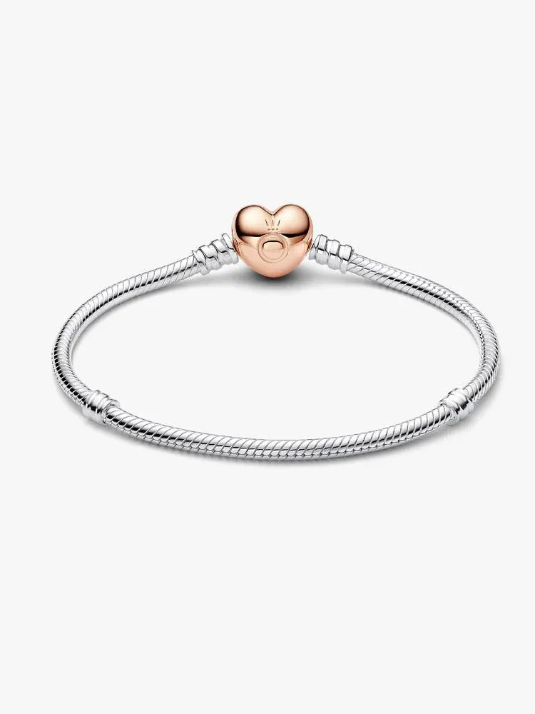 Two-Tone Pandora Moments Heart Clasp Snake Chain Bracelet