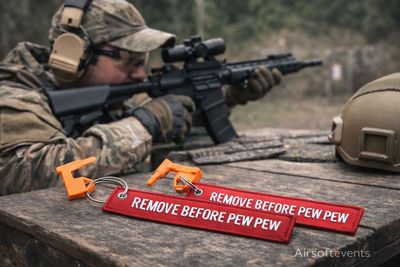 Sicherheitsfahne / Schlüsselanhänger - REMOVE BEFORE PEW PEW