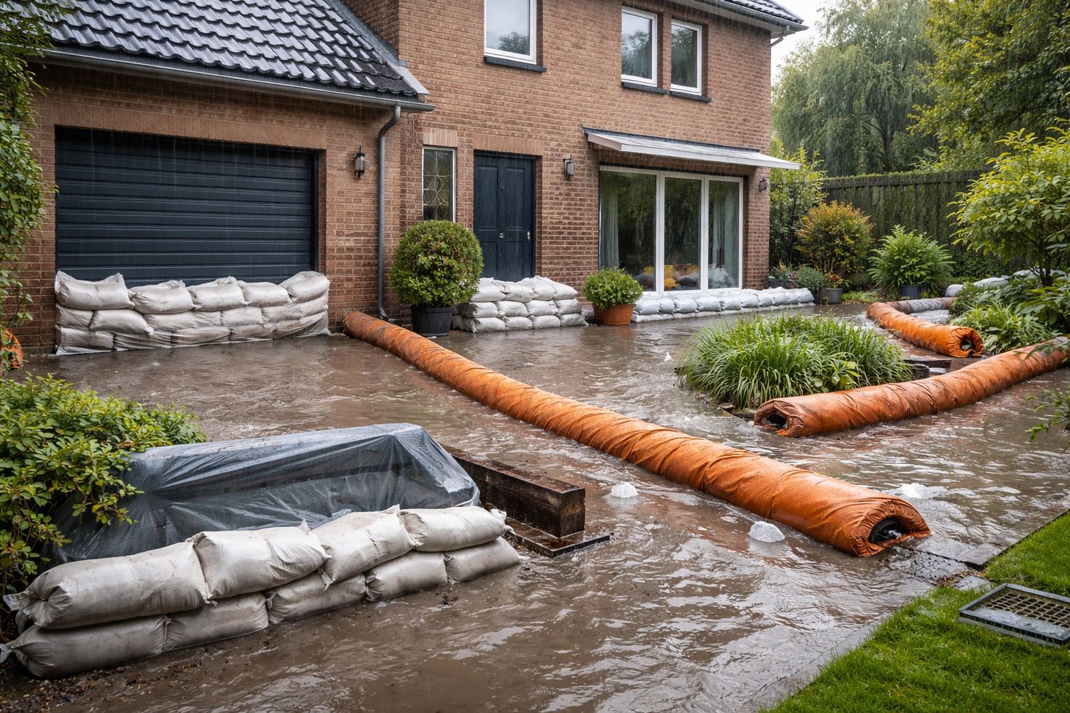 Ondergelopen oprit van een woning met zandzakken voor de garagedeur en oranje waterbarrières langs de tuin