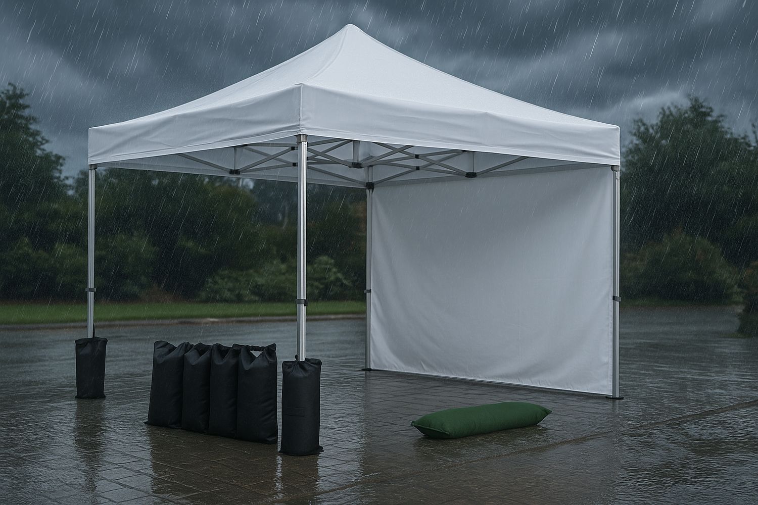Witte vouwtent in de regen met zwarte ballastzakken aan de tentpoten
