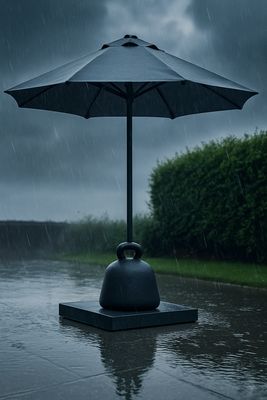 Parasol in de regen met een zwarte verzwaringszak rond de voet