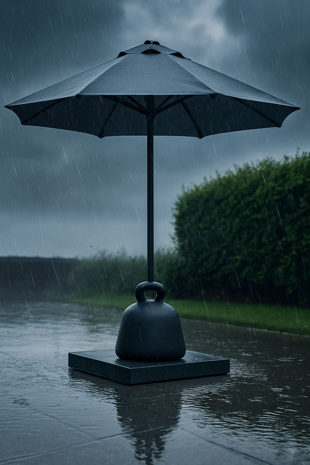 Parasol in de stromende regen bij een haag in de avondschemering