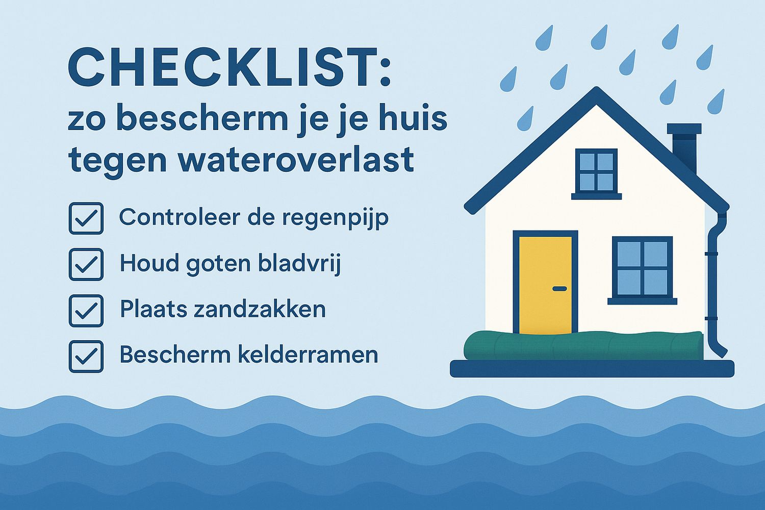 Illustratie van een huis omringd door water, met een checklist: controleer de regenpijp, houd goten bladvrij, plaats zandzakken en bescherm kelderramen
