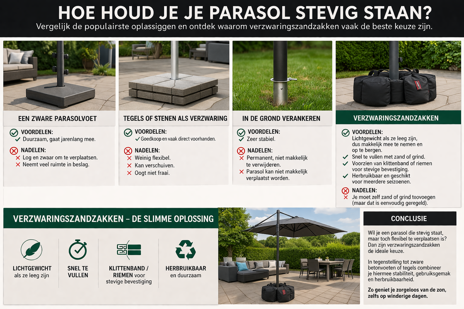 Infographic die vier manieren om een parasol te verzwaren vergelijkt: een zware parasolvoet, tegels of stenen, verankeren in de grond en verzwaringszandzakken