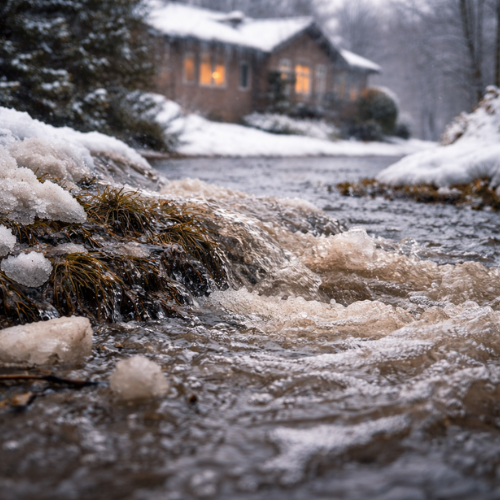 Smeltwater dat tijdens de dooi als bruin water langs een besneeuwde woning stroomt