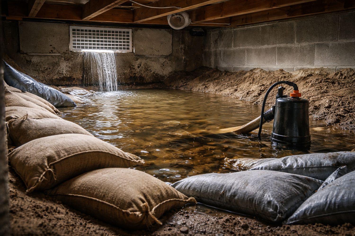 Kruipruimte met water op de bodem en zandzakken langs de muur