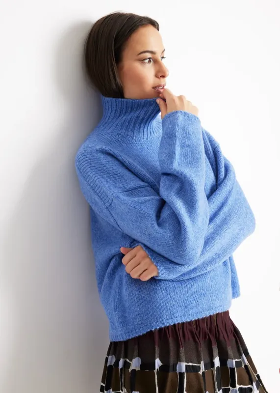Strickpullover mit Rollkragen, Schurwolle Blau Strickpullover mit Rollkragen, Schurwolle Blau