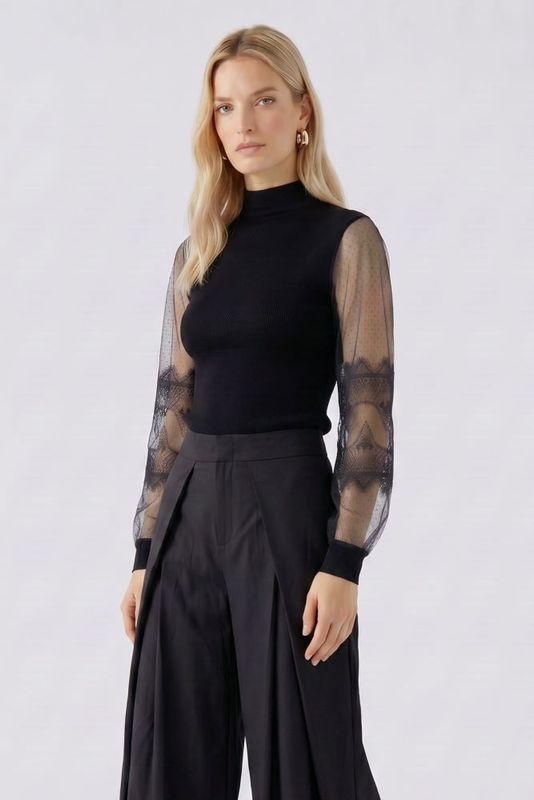 Shirt, gestrickt, mit Chiffon-Ärmeln, Schwarz