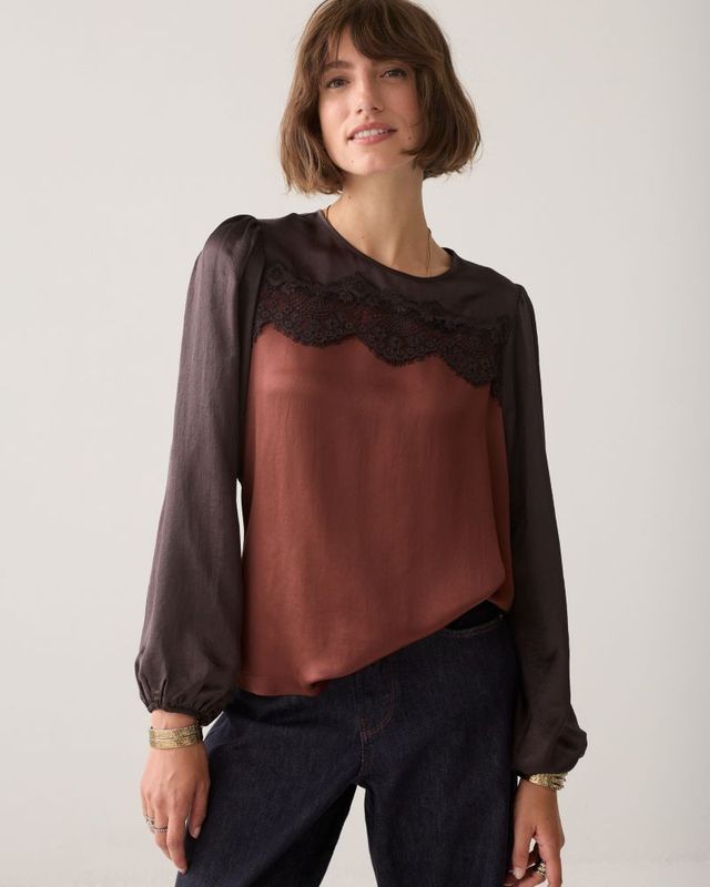 Bluse mit Spitze, zwei Brauntöne Bluse mit Spitze, zwei Brauntöne