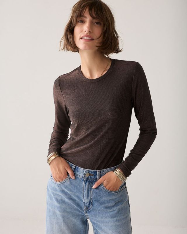 Shirt, Langarm, mit Glitzereffekt, Braun Shirt, Langarm, mit Glitzereffekt, Braun
