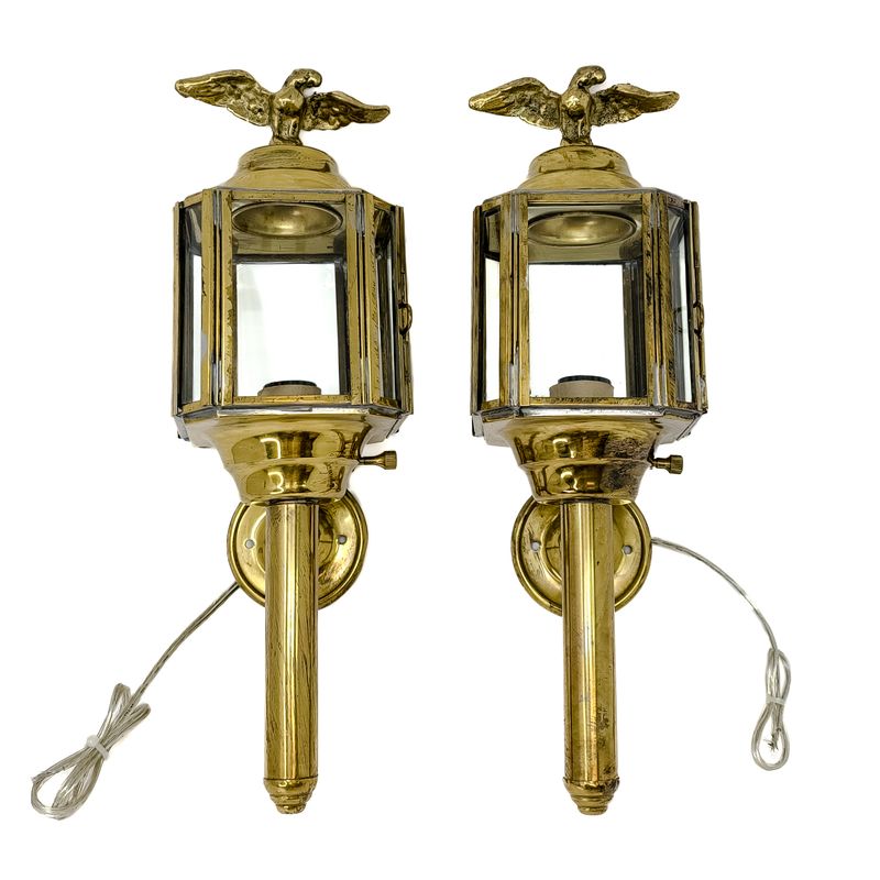 Set of Antique Carriage Lanterns, Wall Mountable Converted Electrical Lamps