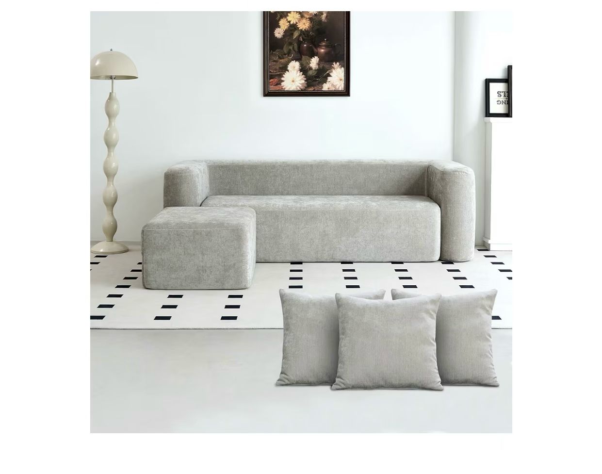 Modern One-Piece Foam Sofa with Ottoman, No Assembly Required, Ergonomic Design Couch, Eco-Friendly Chenille Fabric, Modular DIY Combination Sectional for Living Room, Apartment &amp; Lounge (Light Gray)