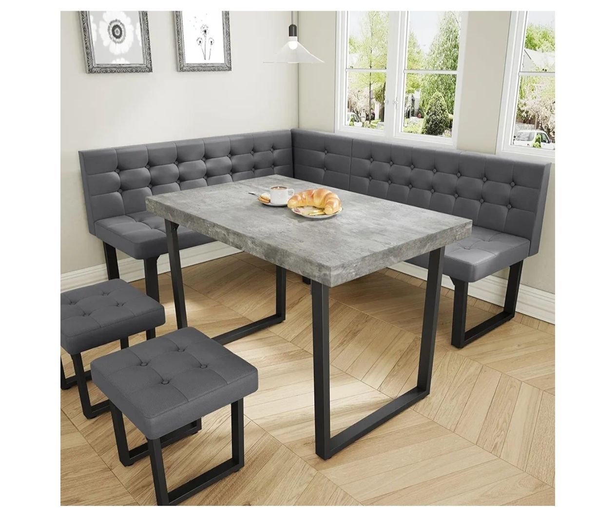  Modern Corner Dining Table Set, 72 Inch Breakfast Nook with Banquette, 5 Piece Set with Storage Bench, Grey