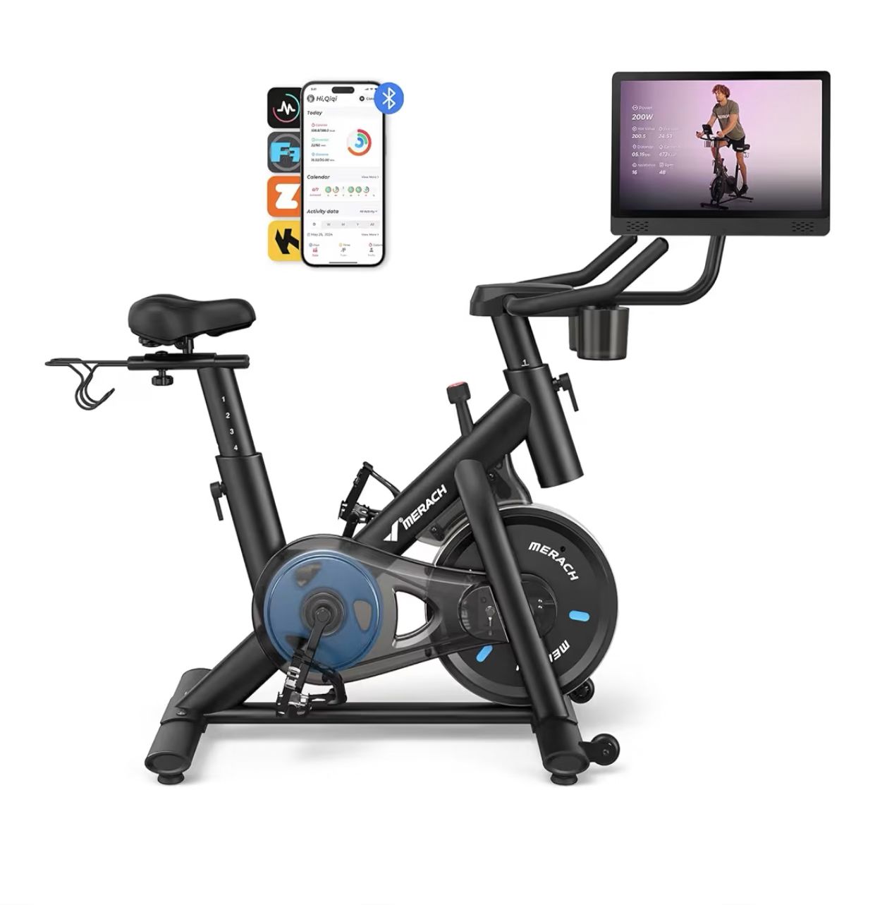 MERACH Exercise Bike, Brake Pad Stationary Bike with Exclusive App, Low Noise Indoor Cycling Bike with 300lbs Weight Capacity, Tablet Mount and Fitness Courses for Weight Loss