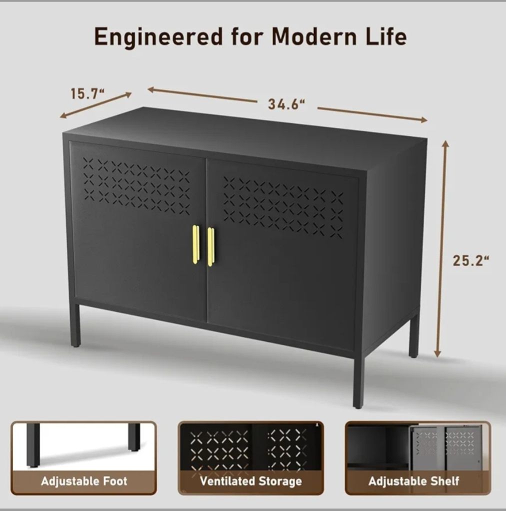 Storage Cabinet, Metal Accent Locker Storage Cabinet with 2 Doors, Magnetic Closure, Adjustable Shelf, Tv Stands &amp; Metal Nightstand for Living Room, Entryway and Home - Black 