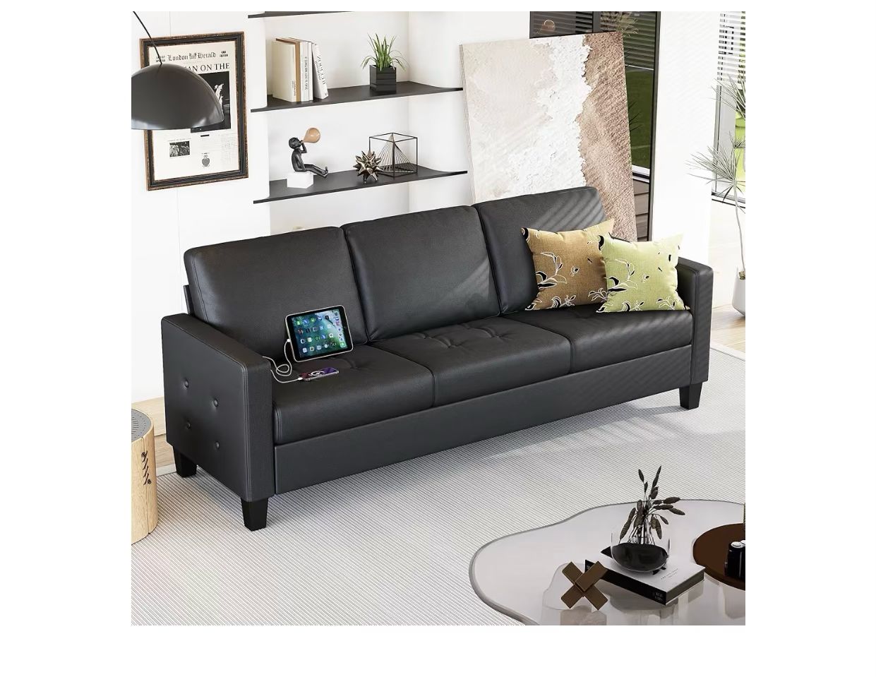 STHOUYN 73” Black Faux Leather Sofa Couch, Modern Comfy Office 3 Seater Couch Loveseat with Tufted Armrest and USB, Small Love Seat Couches for Living Room, Bedroom, Apartment