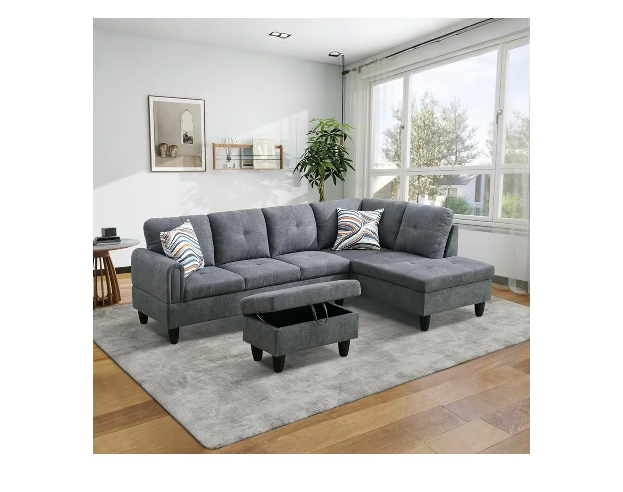 Dark Grey 3 Piece Sectional Sofa Set L Shaped Flannel Couch with Storage Ottoman Modern Upholstered Sofa for Living Room Office