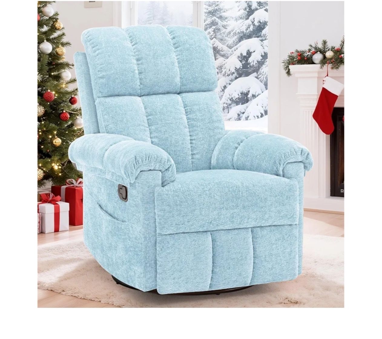 Recliner Chair, Swivel Rocker Recliner Chair for Adults, Small Recliners for Small Spaces, Manual Recliner with Side Pockets, Upholstered Nursery Rocking Chair for Living Room, Chenille, Blue 