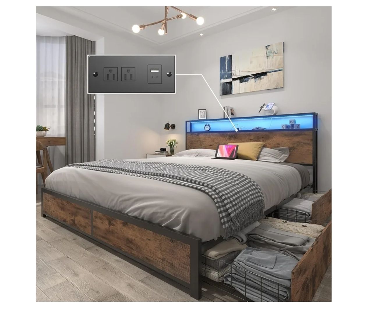 Lifezone Queen Bed Frame with 2-Tier Storage Headboard, Metal Platform Bed Frame with 4 Storage Drawers, Built in Charging Station &amp; LED, Noise-Free/Metal Support/No Box Spring Needed, Vintage Brown 