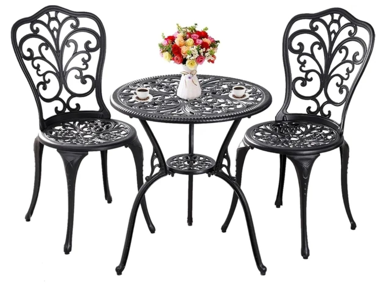 Outdoor Bistro Set 3 Piece Patio Bistro Set, Cast Aluminum Bistro Table and Chairs Set of 2, Small Patio Table Set for Porch, Black