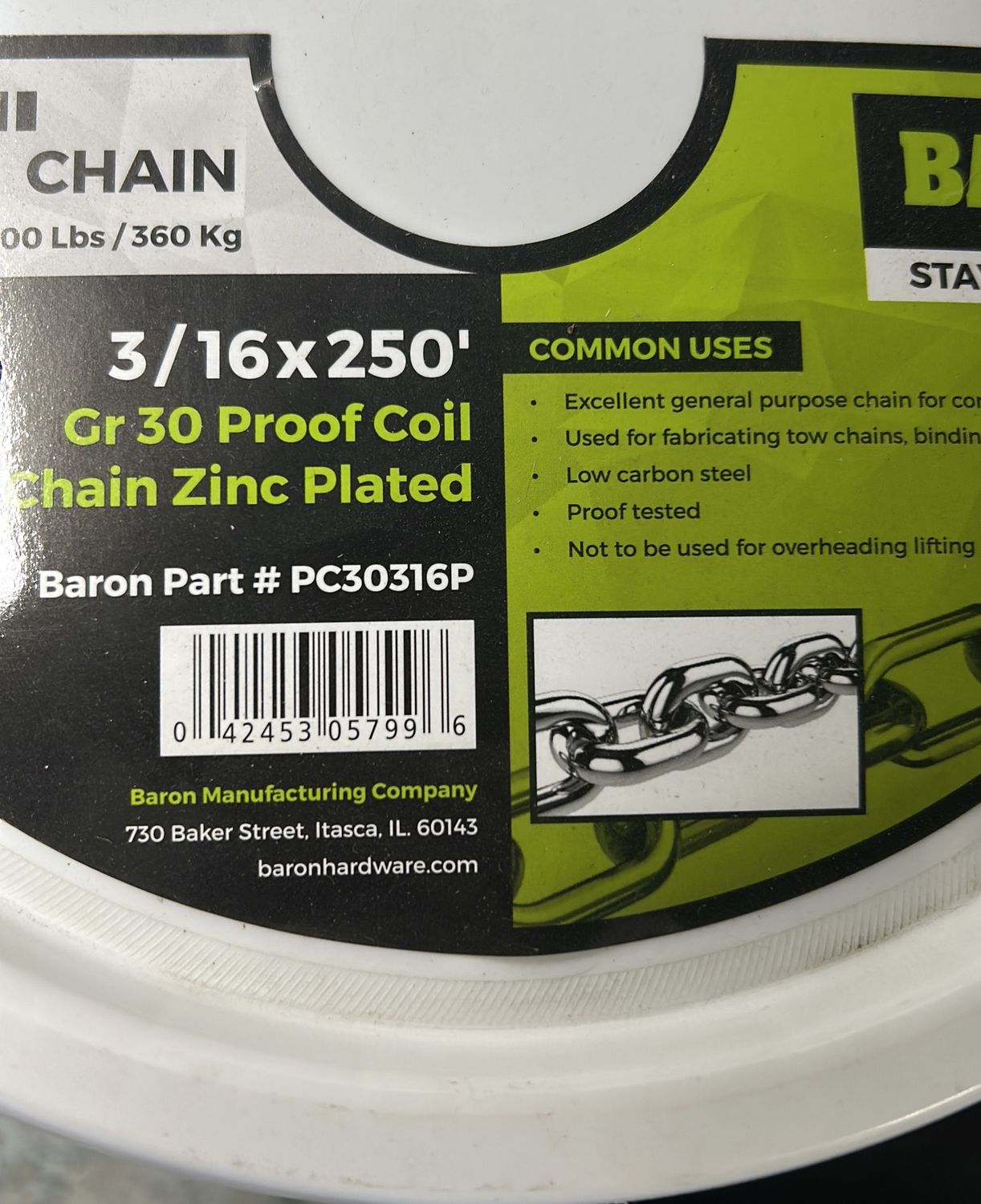 PC30316P 3/16 250'CHAIN ZNC PLTD
